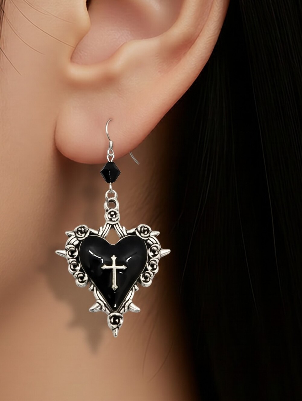 Gothic Black Heart Cross Dangle Earrings Thorny Rose Dark Romance Statement NWT